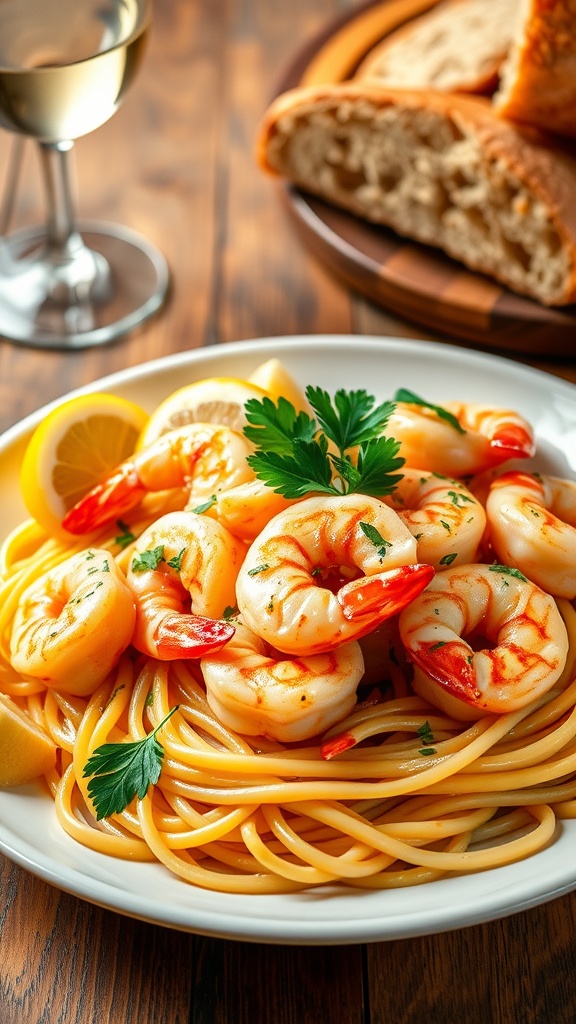 Classic Shrimp Scampi for a Crowd Shrimp scampi over linguine, garnished with parsley and lemon, served on a rustic table.